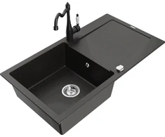 Granitinė virtuvinė plautuvė Mexen Leo su maišytuvu ir sifonu, Metallic juodas/auksinis+Juodas