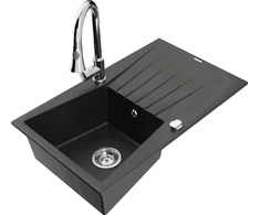 Granitinė virtuvinė plautuvė Mexen Cesar su maišytuvu ir sifonu, Metallic juodas/auksinis+Chrome