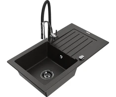Granitinė virtuvinė plautuvė Mexen Pablo su maišytuvu ir sifonu, Metallic juodas/auksinis+Juodas/Chrome
