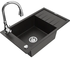 Granitinė virtuvinė plautuvė Mexen Elias su maišytuvu ir sifonu, Metallic juodas/auksinis+Chrome