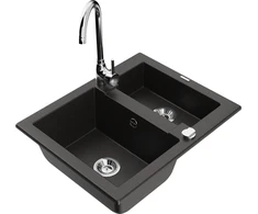 Granitinė virtuvinė plautuvė Mexen Carlos su maišytuvu ir sifonu, Metallic juodas/auksinis+Chrome