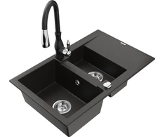 Granitinė virtuvinė plautuvė Mexen Gaspar su maišytuvu ir sifonu, Metallic juodas/auksinis+Juodas