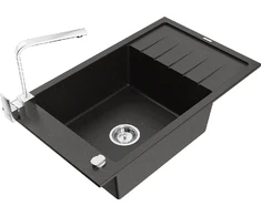 Granitinė virtuvinė plautuvė Mexen Elias su maišytuvu ir sifonu, Metallic juodas/auksinis+Chrome