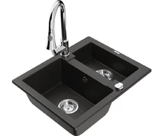 Granitinė virtuvinė plautuvė Mexen Carlos su maišytuvu ir sifonu, Metallic juodas/auksinis+Chrome