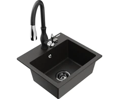 Granitinė virtuvinė plautuvė Mexen Milo su maišytuvu ir sifonu, Metallic juodas/auksinis+Juodas