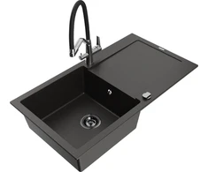 Granitinė virtuvinė plautuvė Mexen Leo su maišytuvu ir sifonu, Metallic juodas/auksinis+Juodas/Chrome
