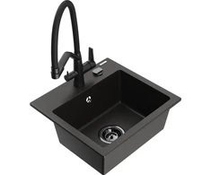 Granitinė virtuvinė plautuvė Mexen Milo su maišytuvu ir sifonu, Metallic juodas/auksinis+Juodas