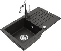 Granitinė virtuvinė plautuvė Mexen Pablo su maišytuvu ir sifonu, Metallic juodas/auksinis+Chrome