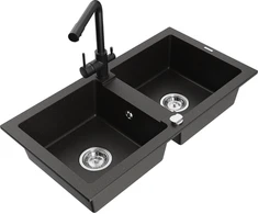 Granitinė virtuvinė plautuvė Mexen Mario su maišytuvu ir sifonu, Metallic juodas/auksinis+Juodas