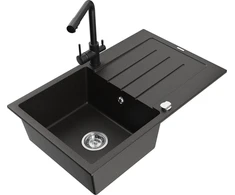 Granitinė virtuvinė plautuvė Mexen Bruno su maišytuvu ir sifonu, Metallic juodas/auksinis+Juodas