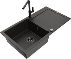 Granitinė virtuvinė plautuvė Mexen Leo su maišytuvu ir sifonu, Metallic juodas/auksinis+Juodas