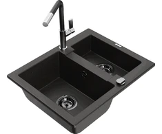 Granitinė virtuvinė plautuvė Mexen Carlos su maišytuvu ir sifonu, Metallic juodas/auksinis+Juodas/Chrome