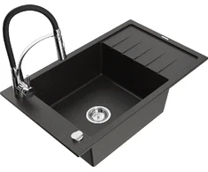 Granitinė virtuvinė plautuvė Mexen Elias su maišytuvu ir sifonu, Metallic juodas/auksinis+Juodas