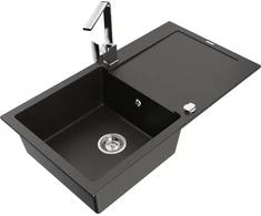 Granitinė virtuvinė plautuvė Mexen Leo su maišytuvu ir sifonu, Metallic juodas/auksinis+Chrome