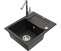 Granitinė virtuvinė plautuvė Mexen Enzo su maišytuvu ir sifonu, Metallic juodas/auksinis+Chrome