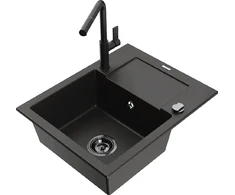 Granitinė virtuvinė plautuvė Mexen Enzo su maišytuvu ir sifonu, Metallic juodas/auksinis+Juodas