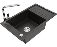 Granitinė virtuvinė plautuvė Mexen Elias su maišytuvu ir sifonu, Metallic juodas/auksinis+Chrome