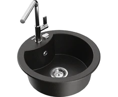 Granitinė virtuvinė plautuvė Mexen Diego su maišytuvu ir sifonu, Metallic juodas/auksinis+Chrome