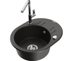 Granitinė virtuvinė plautuvė Mexen Kevin su maišytuvu ir sifonu, Metallic juodas/auksinis+Chrome