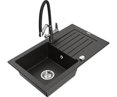 Granitinė virtuvinė plautuvė Mexen Pablo su maišytuvu ir sifonu, Metallic juodas/auksinis+Juodas/Chrome