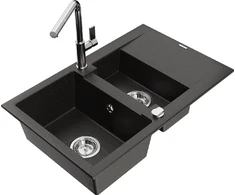Granitinė virtuvinė plautuvė Mexen Gaspar su maišytuvu ir sifonu, Metallic juodas/auksinis+Chrome