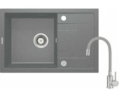 Granitinė virtuvinė plautuvė Deante Corio su maišytuvu, ZRCPS113, Metallic pilkas+Pilkas/steel