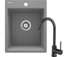 Granitinė virtuvinė plautuvė Deante Corio su maišytuvu, ZRCBS103, Metallic pilkas+Juodas