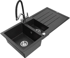 Granitinė virtuvinė plautuvė Mexen Andres su maišytuvu ir sifonu, Metallic juodas/sidabrinis+Juodas/Chrome