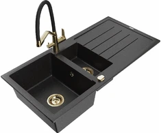 Granitinė virtuvinė plautuvė Mexen Andres su maišytuvu ir sifonu, Metallic juodas/sidabrinis+Juodas/Gold