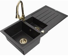 Granitinė virtuvinė plautuvė Mexen Andres su maišytuvu ir sifonu, Metallic juodas/sidabrinis+Gold