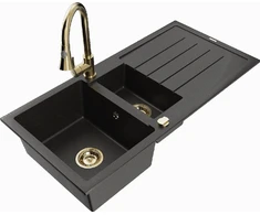 Granitinė virtuvinė plautuvė Mexen Andres su maišytuvu ir sifonu, Metallic juodas/auksinis+Gold