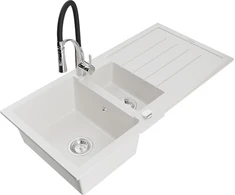 Granitinė virtuvinė plautuvė Mexen Andres su maišytuvu ir sifonu, Baltas+Juodas/Chrome