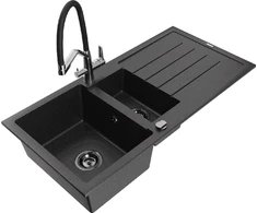 Granitinė virtuvinė plautuvė Mexen Andres su maišytuvu ir sifonu, Metallic juodas/sidabrinis+Juodas/Chrome