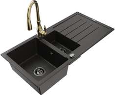 Granitinė virtuvinė plautuvė Mexen Andres su maišytuvu ir sifonu, Metallic juodas/auksinis+Gold