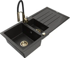 Granitinė virtuvinė plautuvė Mexen Andres su maišytuvu ir sifonu, Metallic juodas/auksinis+Juodas/Gold