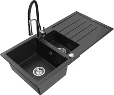 Granitinė virtuvinė plautuvė Mexen Andres su maišytuvu ir sifonu, Metallic juodas/sidabrinis+Juodas/Chrome
