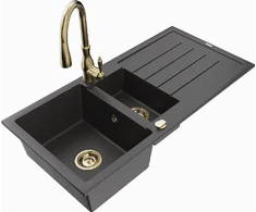 Granitinė virtuvinė plautuvė Mexen Andres su maišytuvu ir sifonu, Juodas granite+Gold