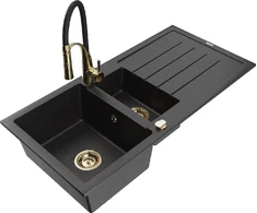 Granitinė virtuvinė plautuvė Mexen Andres su maišytuvu ir sifonu, Metallic juodas/sidabrinis+Juodas/Gold