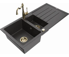 Granitinė virtuvinė plautuvė Mexen Andres su maišytuvu ir sifonu, Juodas granite+Gold