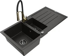 Granitinė virtuvinė plautuvė Mexen Andres su maišytuvu ir sifonu, Metallic juodas/auksinis+Juodas/Gold