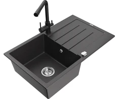Granitinė virtuvinė plautuvė Mexen Bruno su maišytuvu ir sifonu, Juodas granite+Juodas