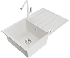 Granitinė virtuvinė plautuvė Mexen Bruno su maišytuvu ir sifonu, Baltas+Baltas/Chrome