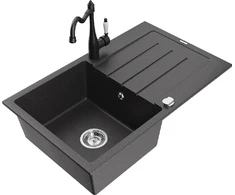 Granitinė virtuvinė plautuvė Mexen Bruno su maišytuvu ir sifonu, Juodas granite+Juodas