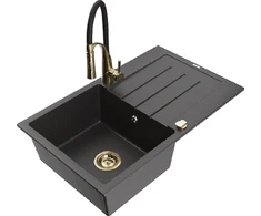 Granitinė virtuvinė plautuvė Mexen Bruno su maišytuvu ir sifonu, Juodas granite+Juodas/Gold