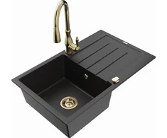 Granitinė virtuvinė plautuvė Mexen Bruno su maišytuvu ir sifonu, Metallic juodas/sidabrinis+Gold