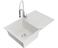 Granitinė virtuvinė plautuvė Mexen Bruno su maišytuvu ir sifonu, Baltas+Baltas/Chrome
