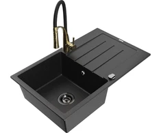Granitinė virtuvinė plautuvė Mexen Bruno su maišytuvu ir sifonu, Metallic juodas/sidabrinis+Juodas/Gold