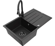 Granitinė virtuvinė plautuvė Mexen Bruno su maišytuvu ir sifonu, Metallic juodas/sidabrinis+Juodas