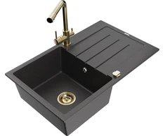 Granitinė virtuvinė plautuvė Mexen Bruno su maišytuvu ir sifonu, Juodas granite+Gold