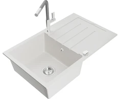 Granitinė virtuvinė plautuvė Mexen Bruno su maišytuvu ir sifonu, Baltas+Pilkas/Chrome
